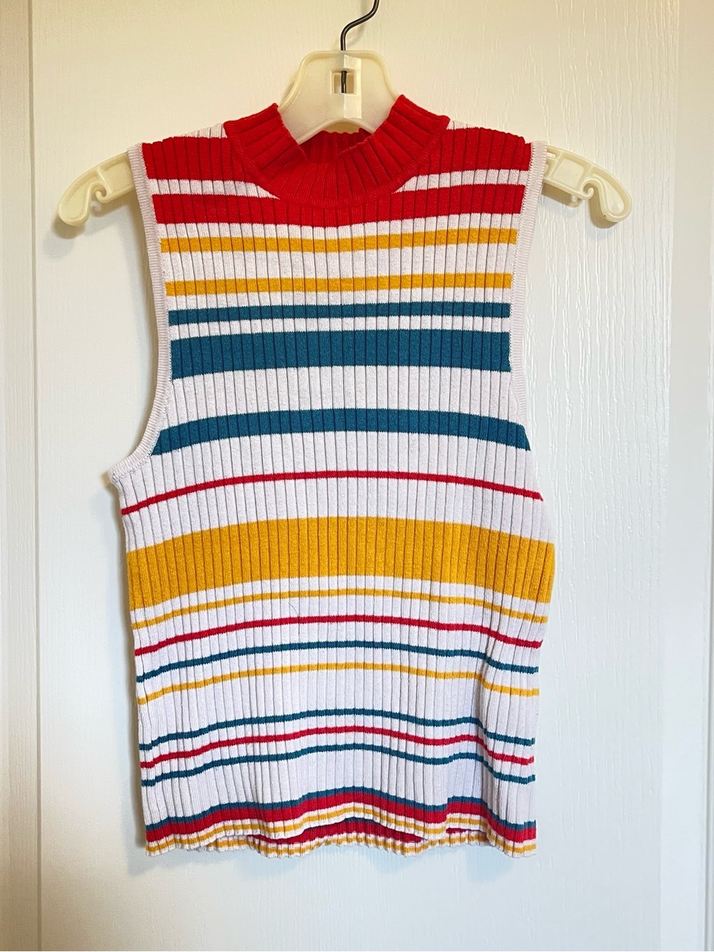 Forever 21 White Ribbed Sleeveless Top with Red, Mustard & Teal Stripes - Picture 1 of 1